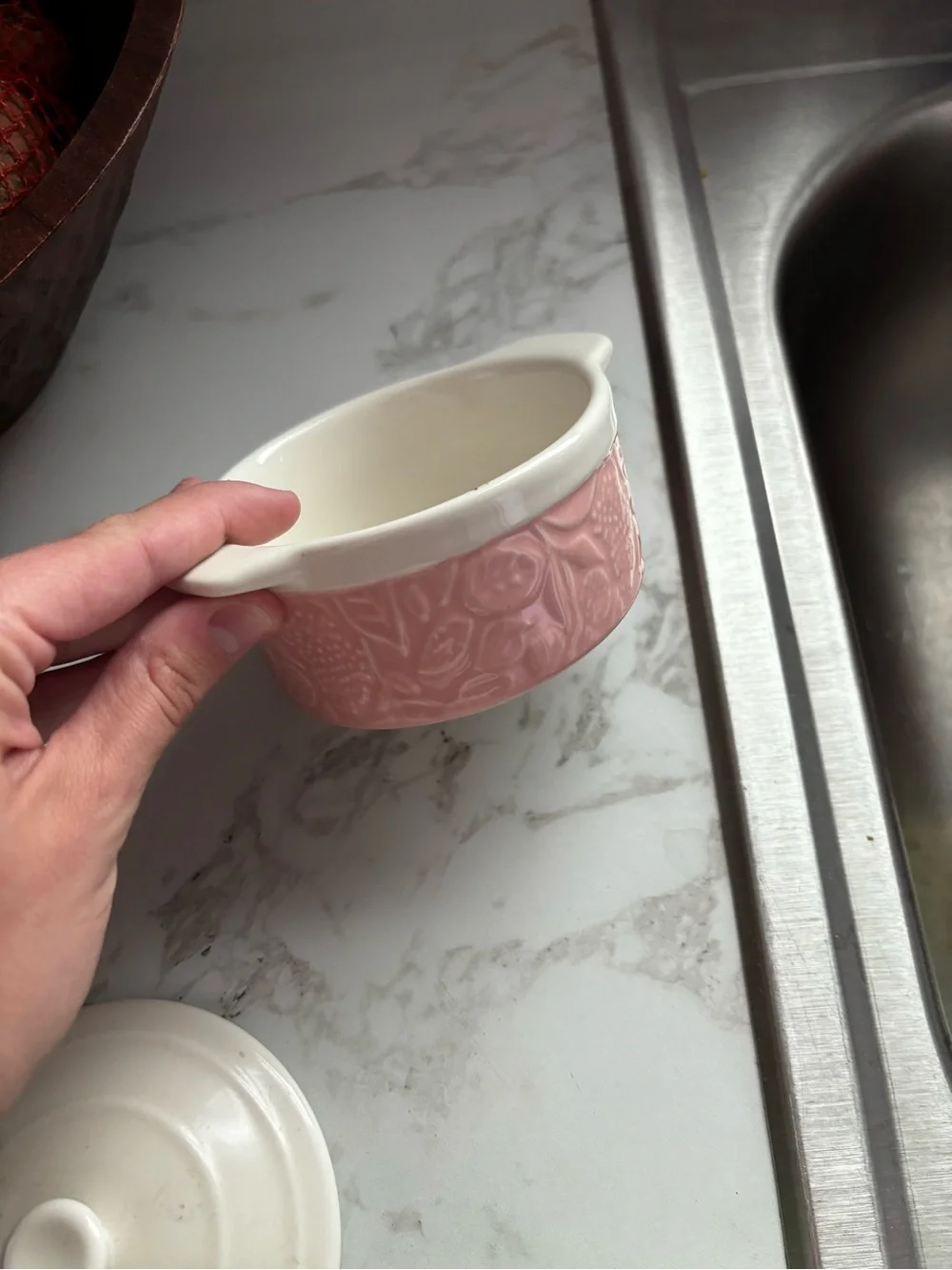 Pink Ceramic Covered Dish with Cream Lid - Decorative Kitchen Accent